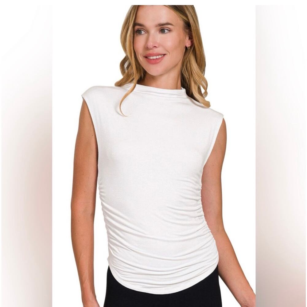 Zenana - Double Layered Ruched Side Mock Neck Top - Large